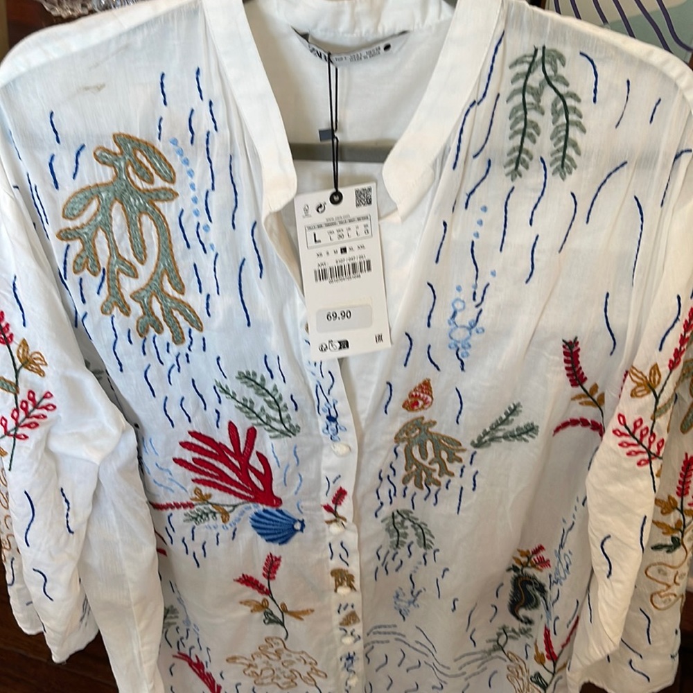 Zara long embroidered tunic/blouse oyster white size large